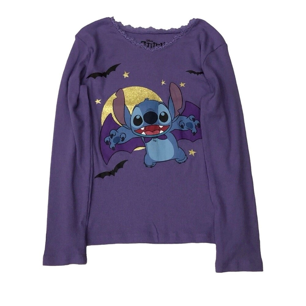 Disney Stitch Girls Long Purple Vampire Halloween T-Shirt Tee Shirt Size S 6/7